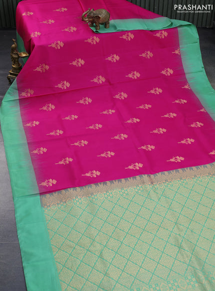 Pure kanchipuram silk saree pink and pastel green with floral zari woven buttas and simple border - aari work blouse