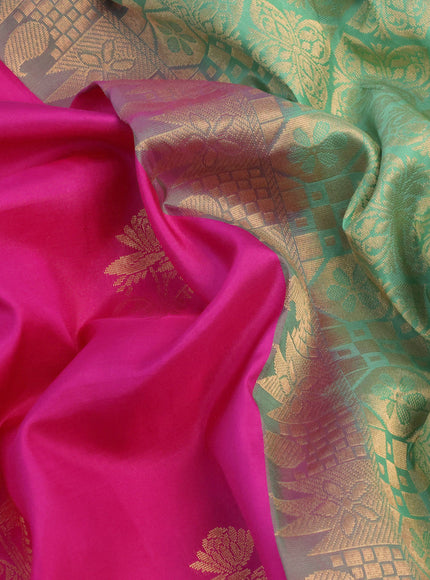 Pure kanchipuram silk saree pink and pastel green with floral zari woven buttas and simple border - aari work blouse