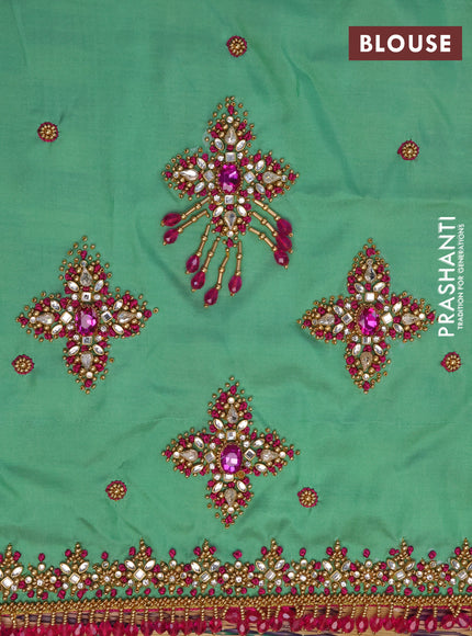 Pure kanchipuram silk saree pink and pastel green with floral zari woven buttas and simple border - aari work blouse