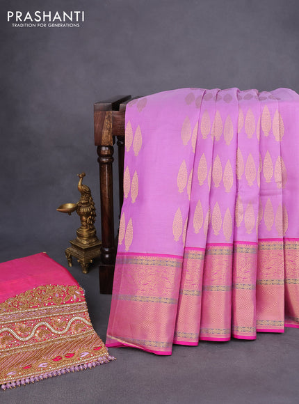 Pure kanchipuram silk saree lavender and pink with allover zari weaves & buttas and rich zari woven border - aari work blouse