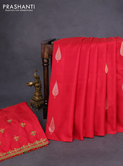 Pure kanchipuram silk saree red with silver & gold woven buttas in borderless style - aari work blouse