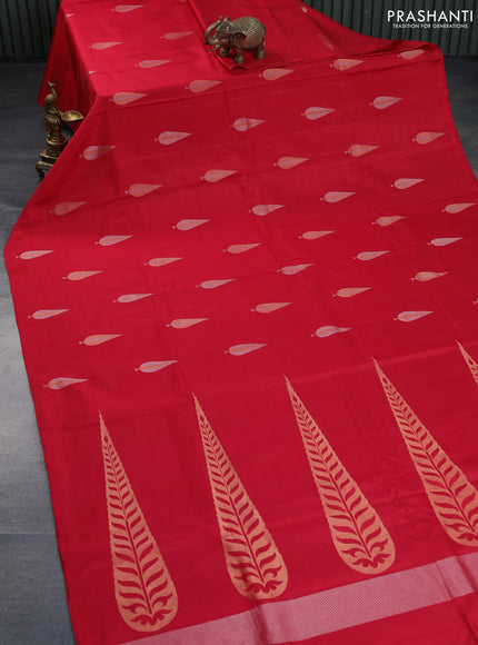 Pure kanchipuram silk saree red with silver & gold woven buttas in borderless style - aari work blouse