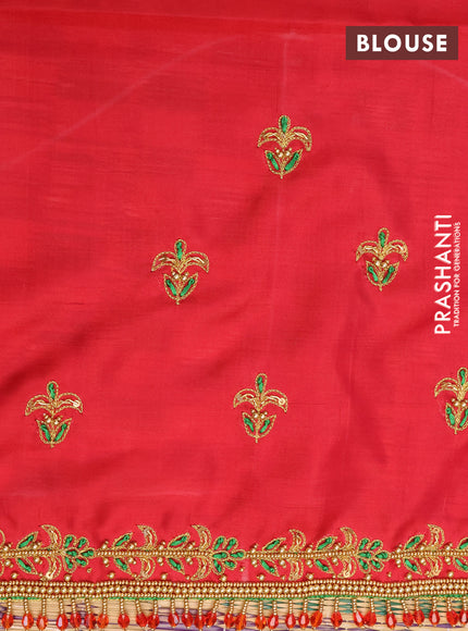 Pure kanchipuram silk saree red with silver & gold woven buttas in borderless style - aari work blouse