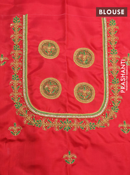 Pure kanchipuram silk saree red with silver & gold woven buttas in borderless style - aari work blouse