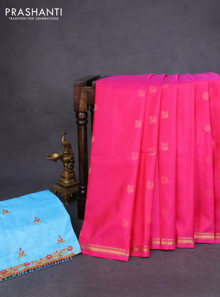 Pure kanchipuram silk saree pink and light blue with zari woven buttas and zari woven border - aari work blouse