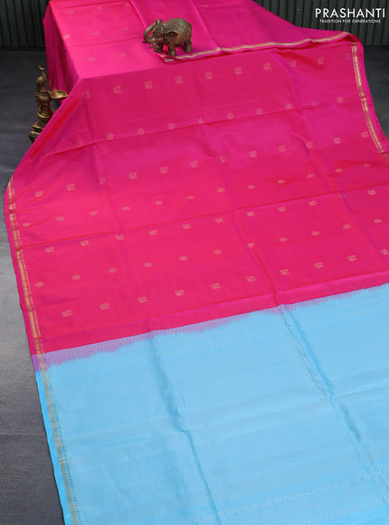 Pure kanchipuram silk saree pink and light blue with zari woven buttas and zari woven border - aari work blouse