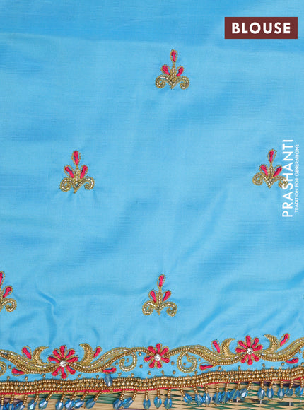 Pure kanchipuram silk saree pink and light blue with zari woven buttas and zari woven border - aari work blouse