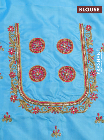 Pure kanchipuram silk saree pink and light blue with zari woven buttas and zari woven border - aari work blouse