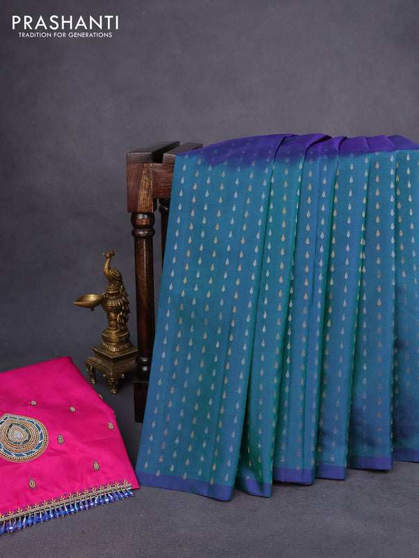 Pure kanchipuram silk saree dual shade of bluish green and pink with allover silver & gold zari woven butta weaves in borderless style - aari work blouse