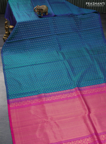 Pure kanchipuram silk saree dual shade of bluish green and pink with allover silver & gold zari woven butta weaves in borderless style - aari work blouse