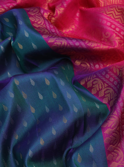 Pure kanchipuram silk saree dual shade of bluish green and pink with allover silver & gold zari woven butta weaves in borderless style - aari work blouse