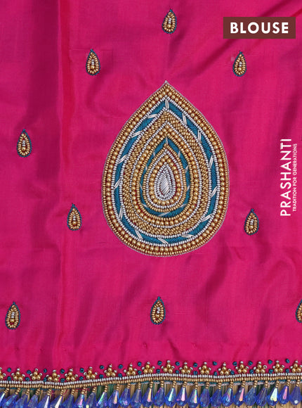 Pure kanchipuram silk saree dual shade of bluish green and pink with allover silver & gold zari woven butta weaves in borderless style - aari work blouse