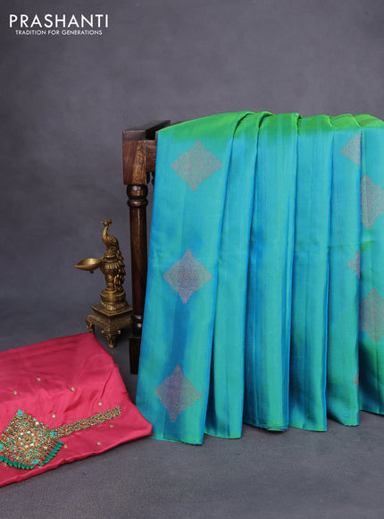 Pure kanchipuram silk saree dual shade of bluish green and pastel maroon with zari woven buttas & jute finish in borderless style - aari work blouse