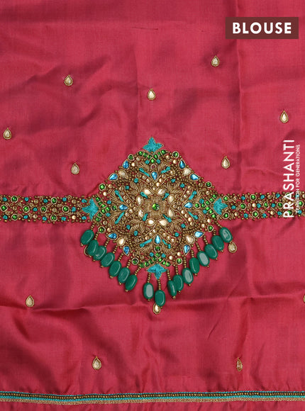 Pure kanchipuram silk saree dual shade of bluish green and pastel maroon with zari woven buttas & jute finish in borderless style - aari work blouse