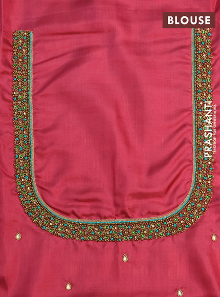 Pure kanchipuram silk saree dual shade of bluish green and pastel maroon with zari woven buttas & jute finish in borderless style - aari work blouse