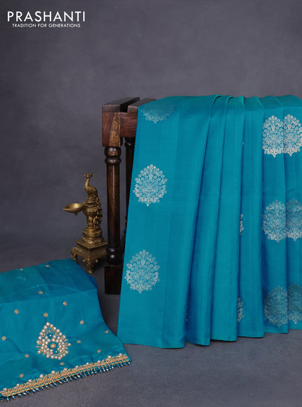 Pure kanchipuram silk saree dual shade of bluish green with zari woven buttas in borderless style - aari work blouse