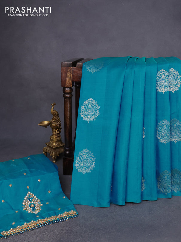 Pure kanchipuram silk saree dual shade of bluish green with zari woven buttas in borderless style - aari work blouse