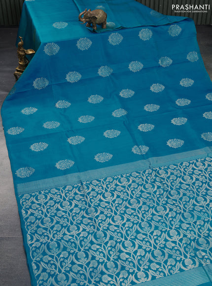 Pure kanchipuram silk saree dual shade of bluish green with zari woven buttas in borderless style - aari work blouse