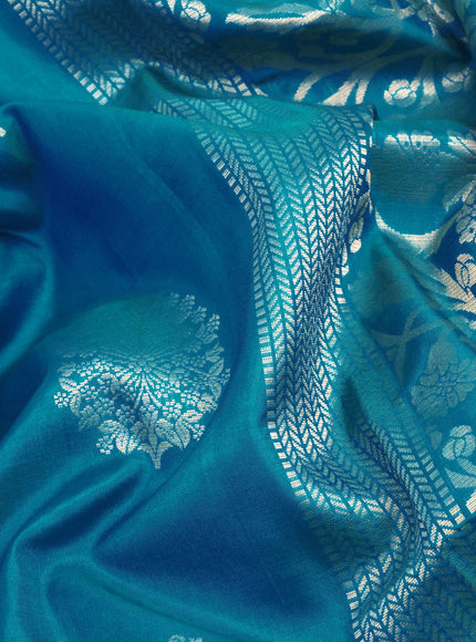 Pure kanchipuram silk saree dual shade of bluish green with zari woven buttas in borderless style - aari work blouse