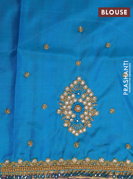 Pure kanchipuram silk saree dual shade of bluish green with zari woven buttas in borderless style - aari work blouse