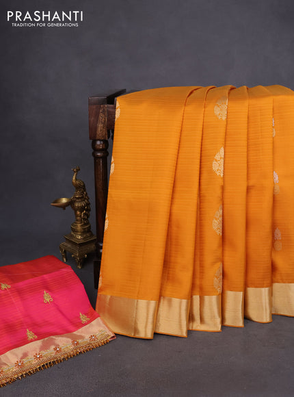 Pure kanchipuram silk saree mustard yellow and dual shade of pink with silver & gold zari woven buttas and zari woven border - aari work blouse