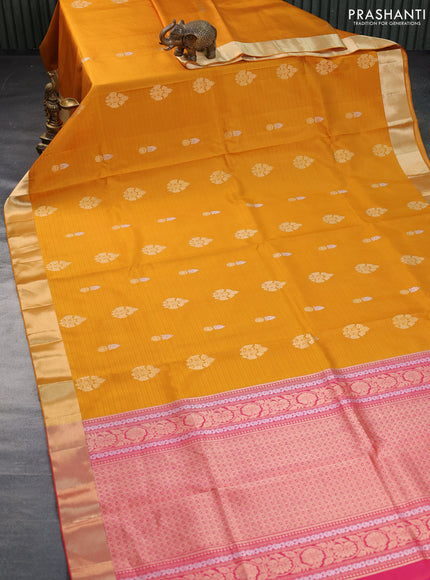 Pure kanchipuram silk saree mustard yellow and dual shade of pink with silver & gold zari woven buttas and zari woven border - aari work blouse