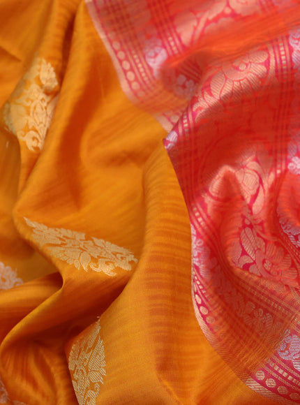 Pure kanchipuram silk saree mustard yellow and dual shade of pink with silver & gold zari woven buttas and zari woven border - aari work blouse