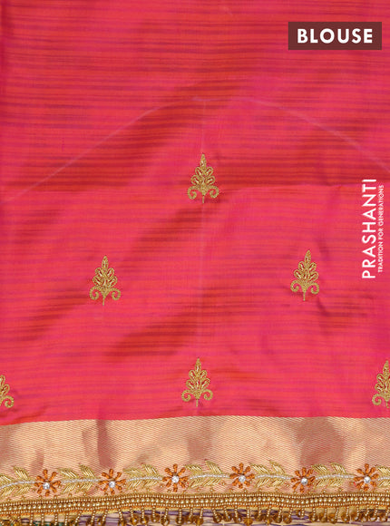 Pure kanchipuram silk saree mustard yellow and dual shade of pink with silver & gold zari woven buttas and zari woven border - aari work blouse