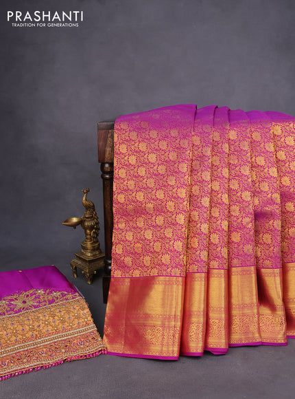 Pure kanchipuram silk saree purple with allover zari woven brocade weaves and rich zari woven border - aari work blouse