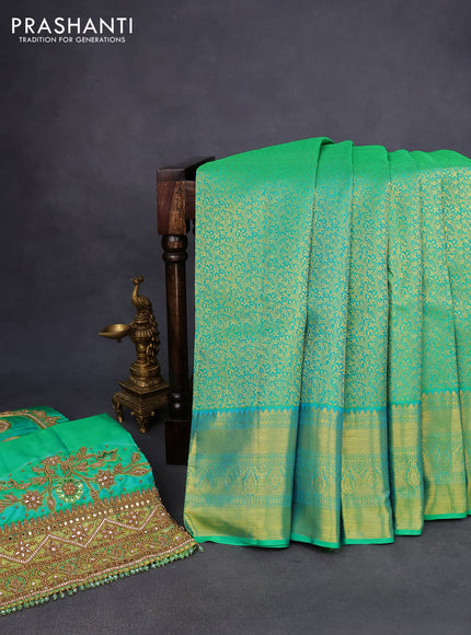 Pure kanchipuram silk saree teal green shade with allover zari woven brocade weaves and rich zari woven border - aari work blouse