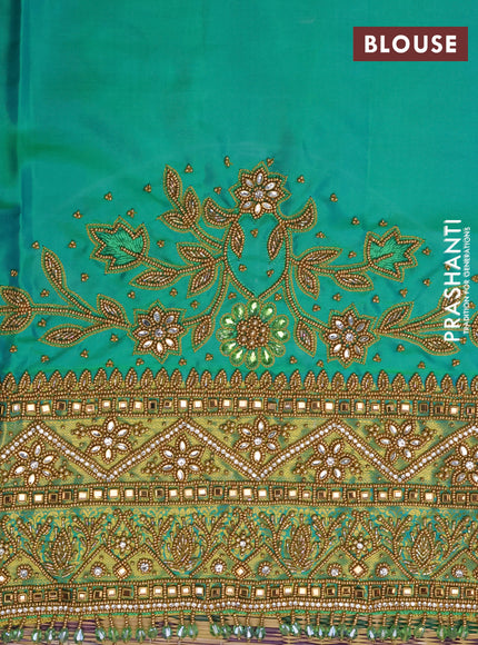 Pure kanchipuram silk saree teal green shade with allover zari woven brocade weaves and rich zari woven border - aari work blouse