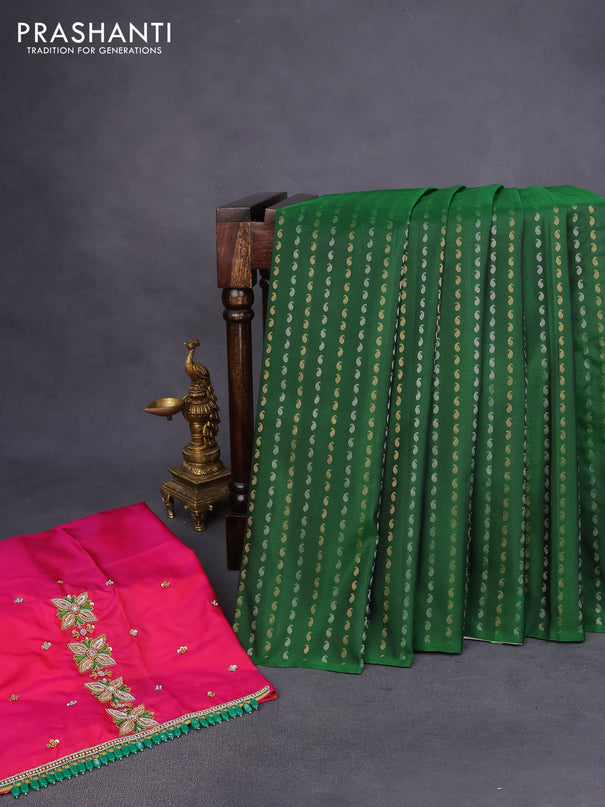 Pure kanchipuram silk saree dark green and pink with allover silver & gold zari woven butta weaves in borderless style - aari work blouse