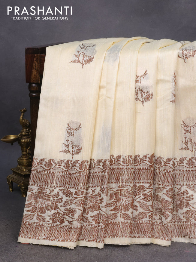 Banarasi raw silk saree cream and red with thread & zari woven buttas and woven border