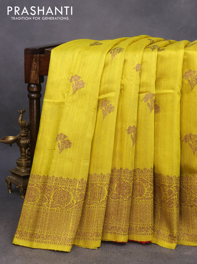 Banarasi raw silk saree lime yellow and red with thread & zari woven buttas and woven border