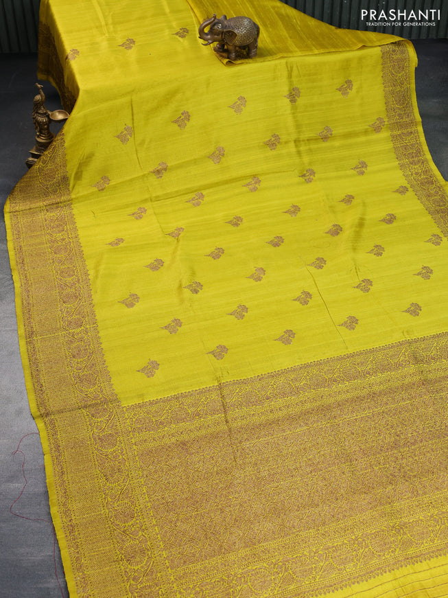 Banarasi raw silk saree lime yellow and red with thread & zari woven buttas and woven border