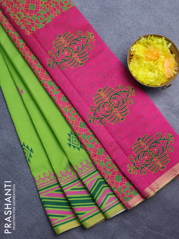 Silk cotton block printed saree parrot green and pink with butta prints and zari woven piping border