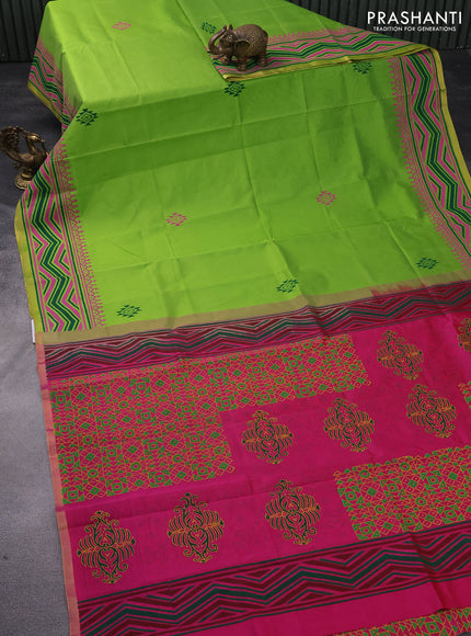 Silk cotton block printed saree parrot green and pink with butta prints and zari woven piping border