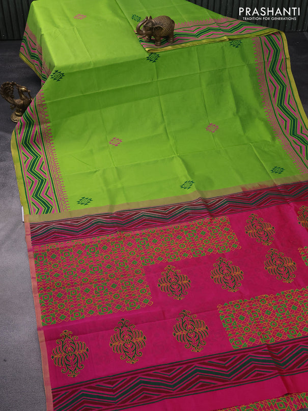 Silk cotton block printed saree parrot green and pink with butta prints and zari woven piping border