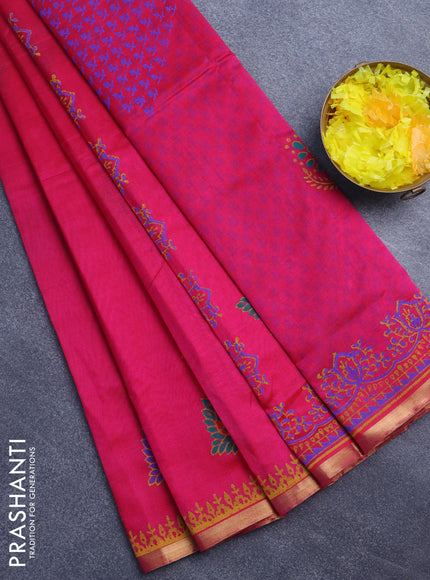 Silk cotton block printed saree pink with peacock butta prints and zari woven piping border