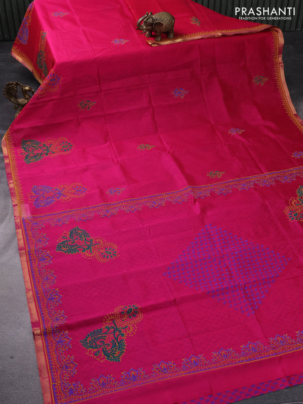 Silk cotton block printed saree pink with peacock butta prints and zari woven piping border