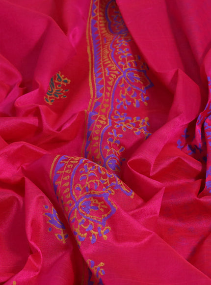 Silk cotton block printed saree pink with peacock butta prints and zari woven piping border