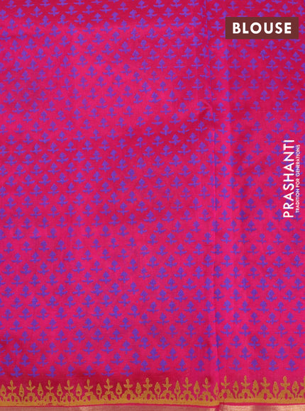 Silk cotton block printed saree pink with peacock butta prints and zari woven piping border