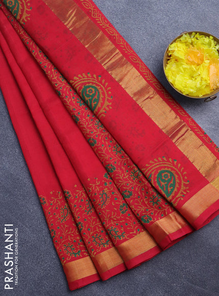 Silk cotton block printed saree red with butta prints and zari woven border