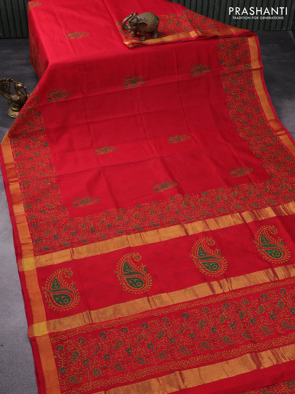 Silk cotton block printed saree red with butta prints and zari woven border