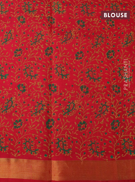 Silk cotton block printed saree red with butta prints and zari woven border