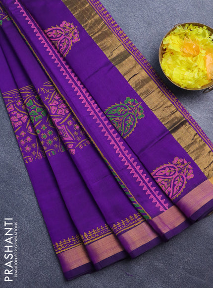 Silk cotton block printed saree violet with allover prints and zari woven border