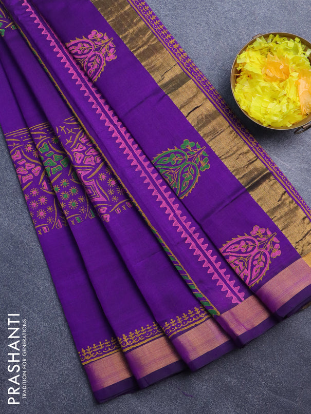 Silk cotton block printed saree violet with allover prints and zari woven border