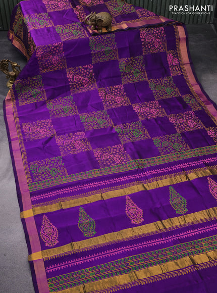 Silk cotton block printed saree violet with allover prints and zari woven border