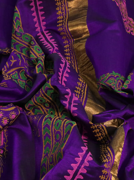 Silk cotton block printed saree violet with allover prints and zari woven border