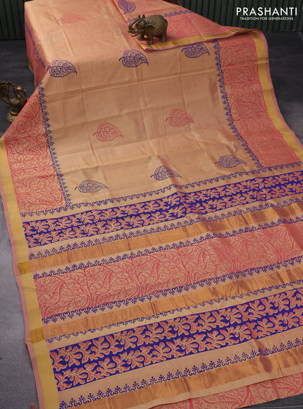 Silk cotton block printed saree sandal with leaf butta prints and zari woven border